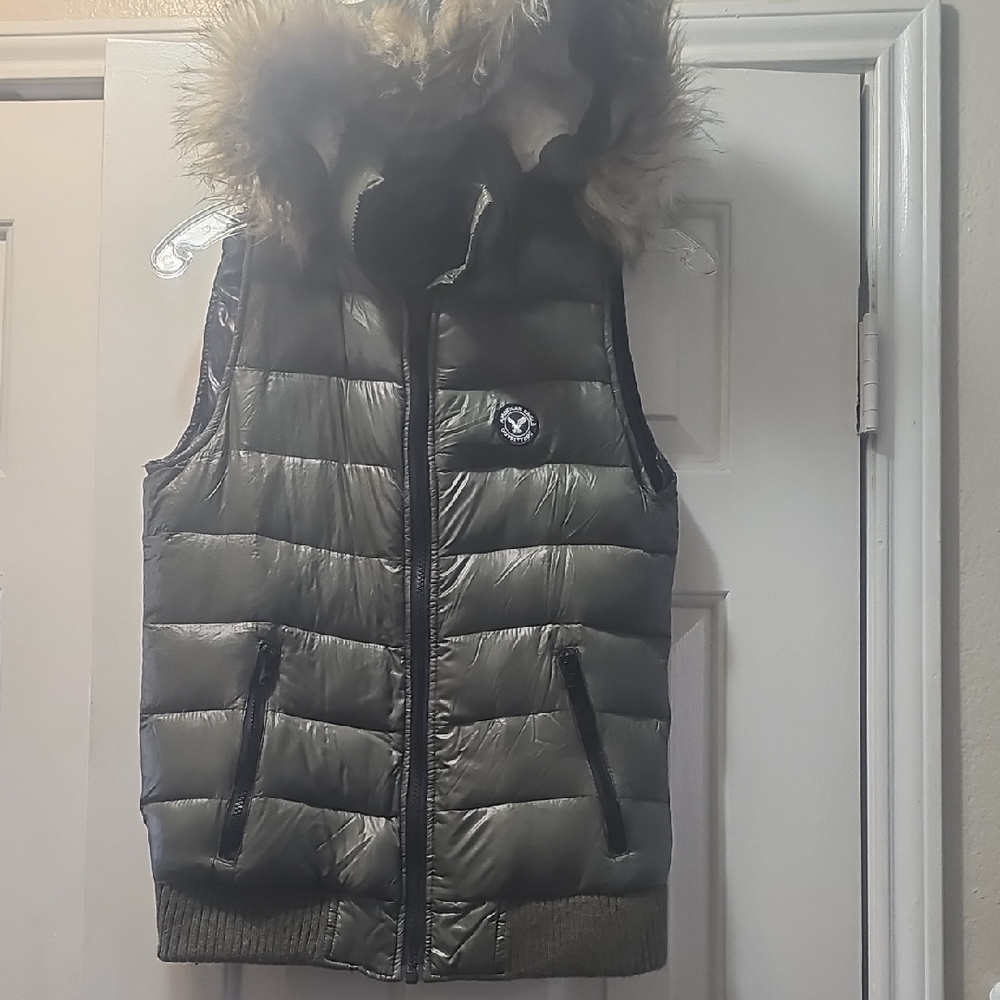 Green Puffer Vest with Fur Hood